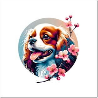 Joyful English Toy Spaniel with Spring Cherry Blossoms Posters and Art